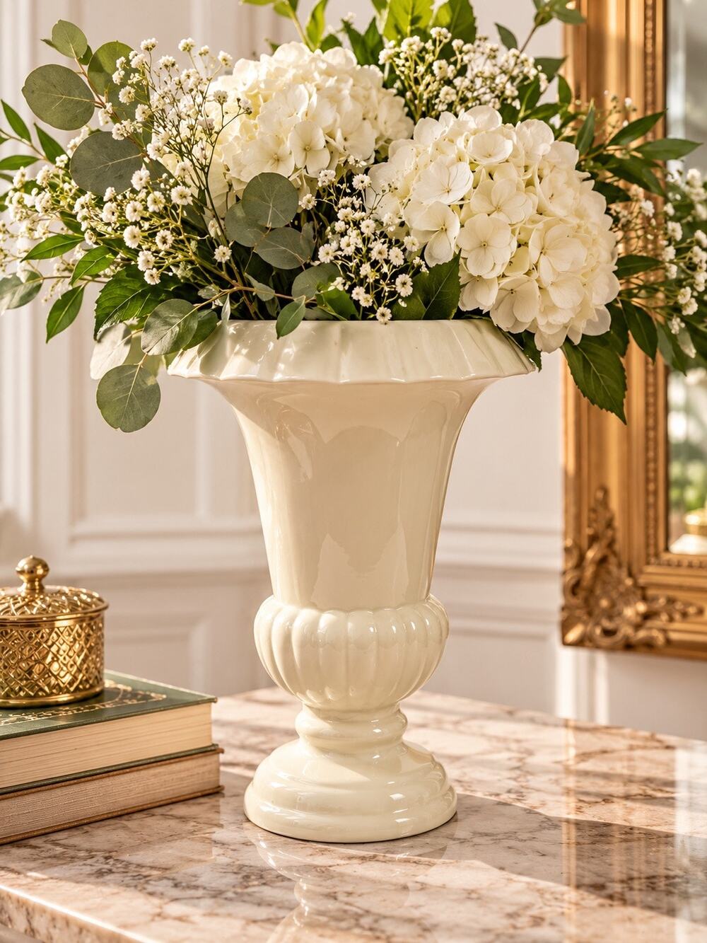 Vintage Haeger Pottery Ivory Pedestal Urn Vase 12” Large Fluted Regency